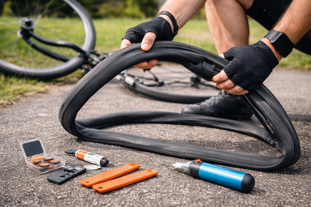 Ein Velofahrer kümmert sich im Grünen um seinen platten Reifen